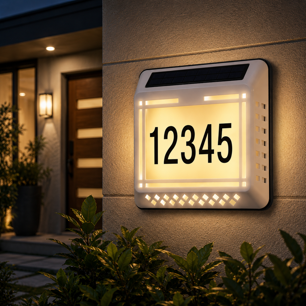 Solar LED Address Sign – Waterproof House Number Plaque, Customizable Numbers & Letters, Auto Dusk-to-Dawn Light, 8.1 x 6.9 Inches by Infinite Basics