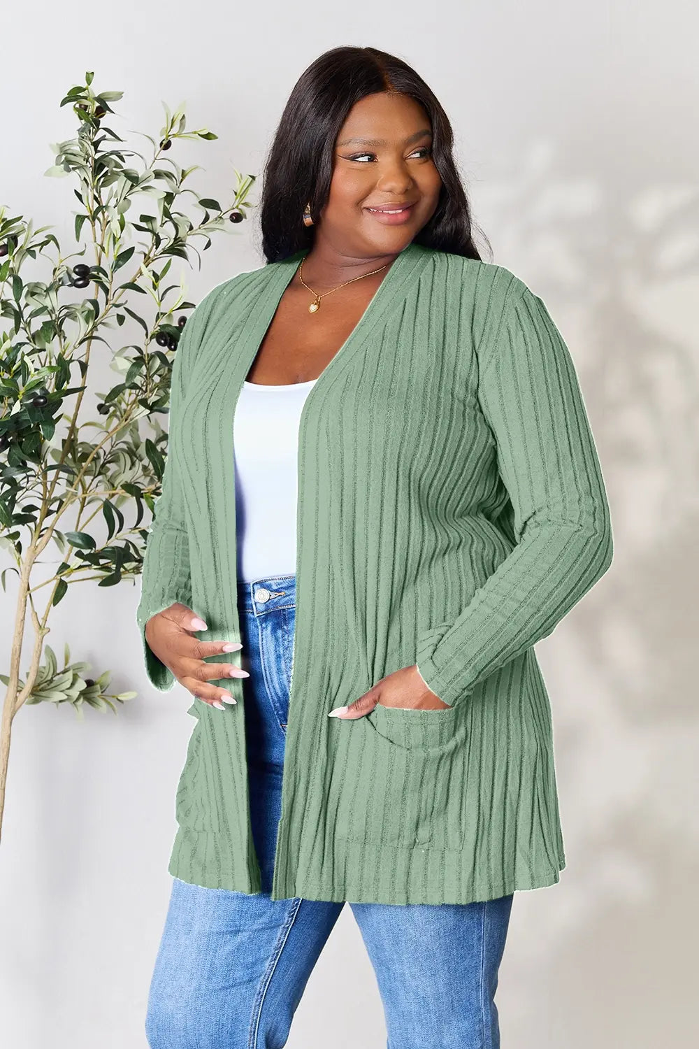 Basic Bae Full Size Ribbed Open Front Cardigan with Pockets by Wild and Free Boutique