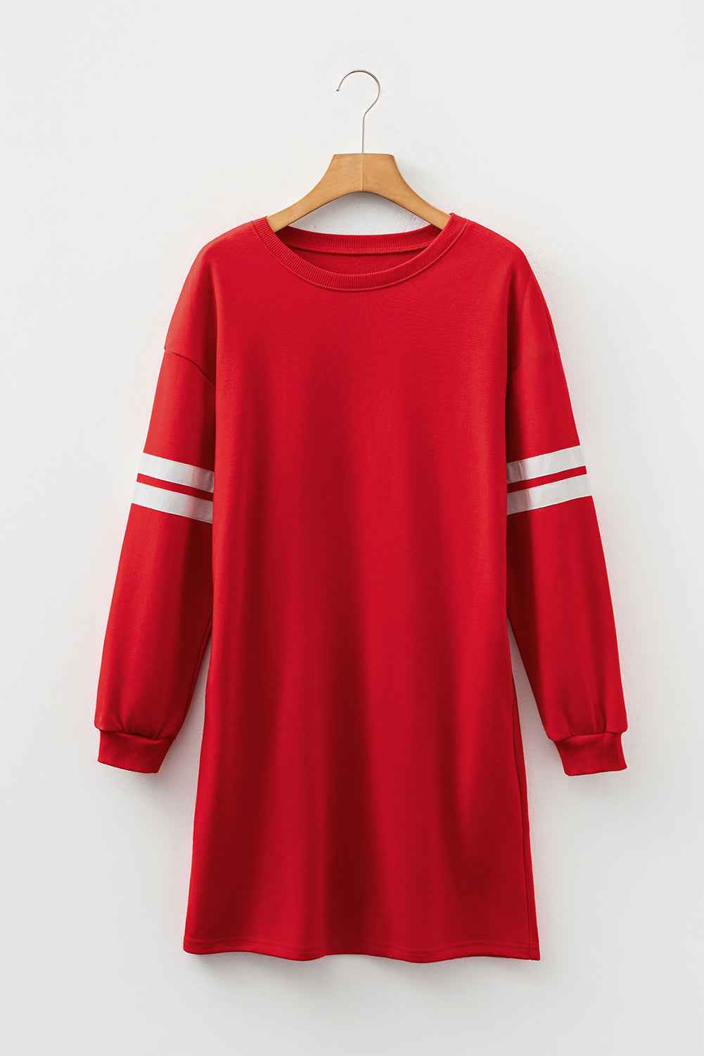 Fiery Red Varsity Contrast Banded Sleeve Shift Sweatshirt Dress by Wild and Free Boutique