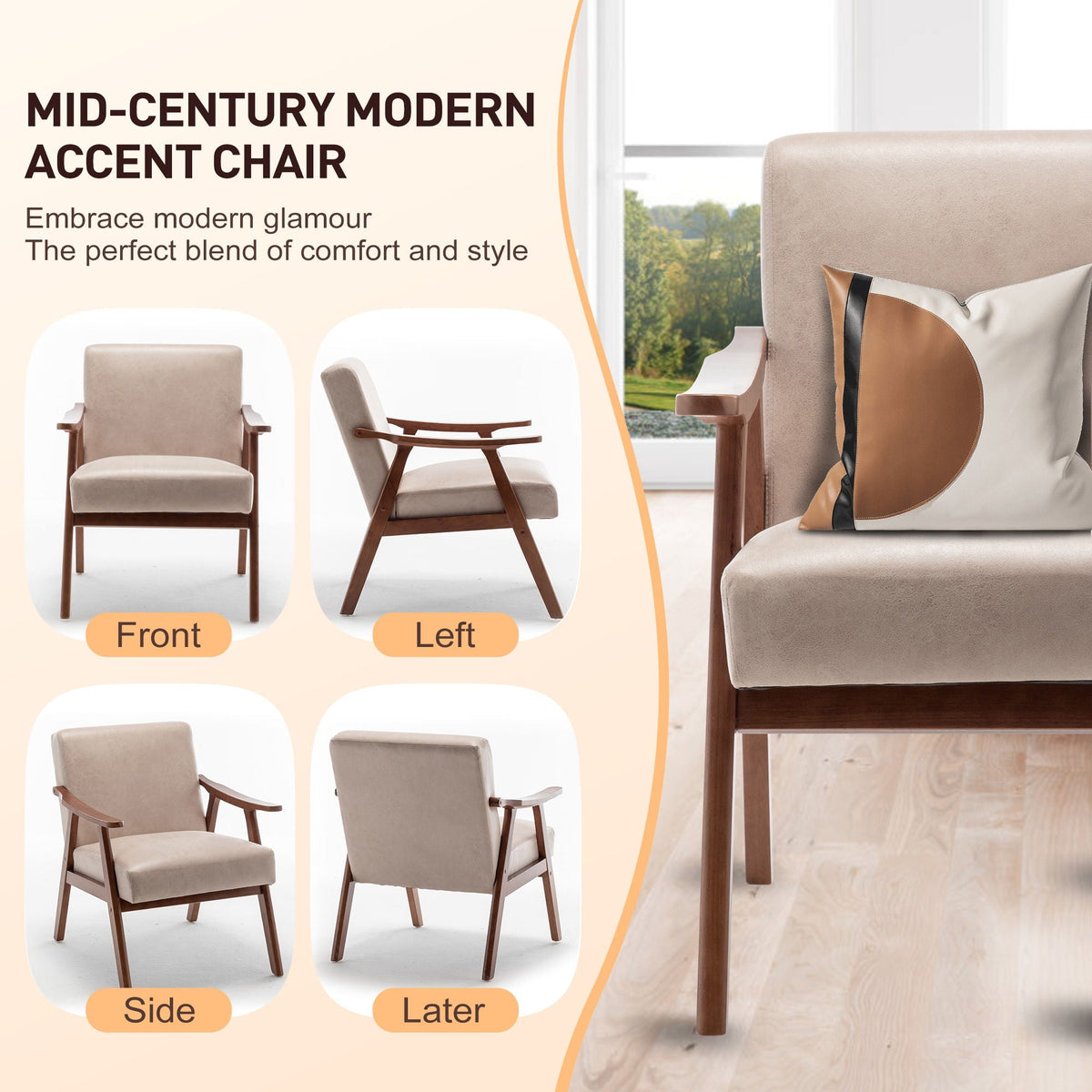 Mid Century Modern Accent Chair With Solid Wood Frame And Extra Thick Backrest by Unique Piece Furniture