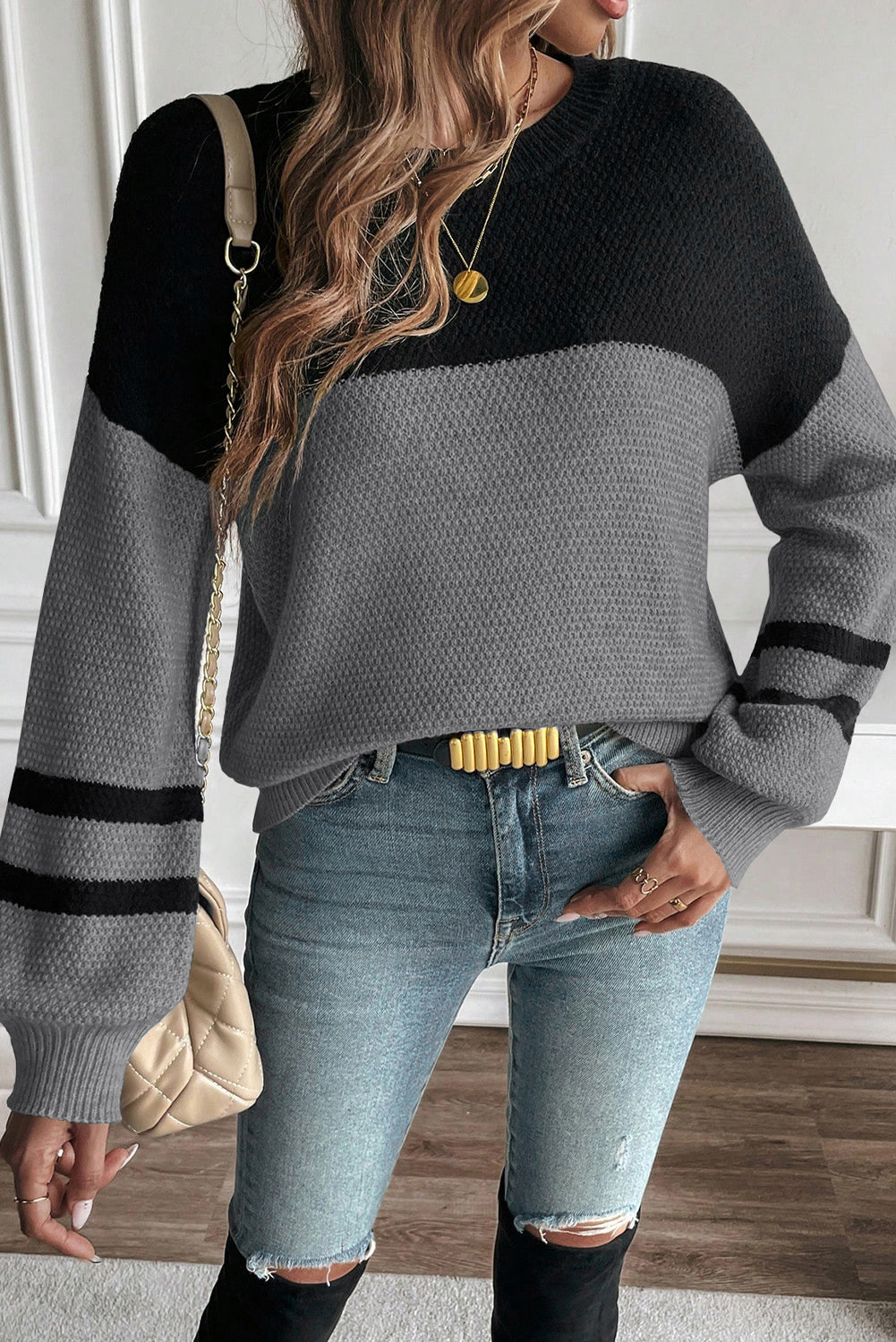 Dark Brown Color Block Knit Striped Sleeve Detail Casual Sweater by Wild and Free Boutique