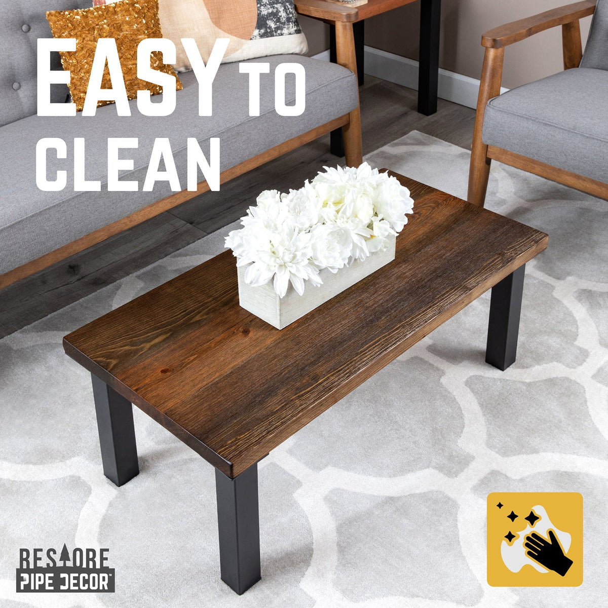 Skyline Boulder Black Solid Wood Coffee Table with 12 in. High-Rise Legs by PIPE DECOR