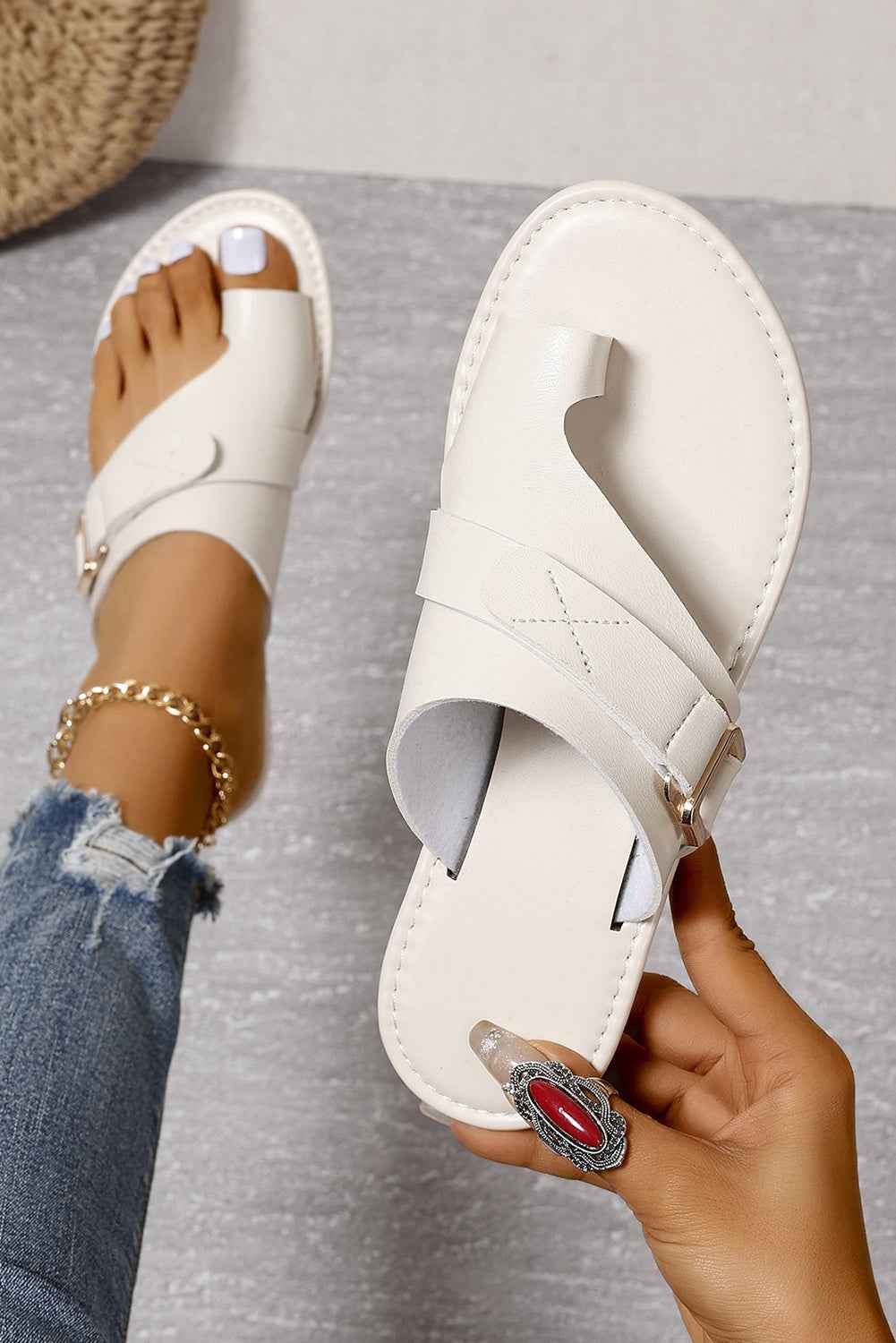 White Toe Ring Flat Sandal Slippers by Wild and Free Boutique