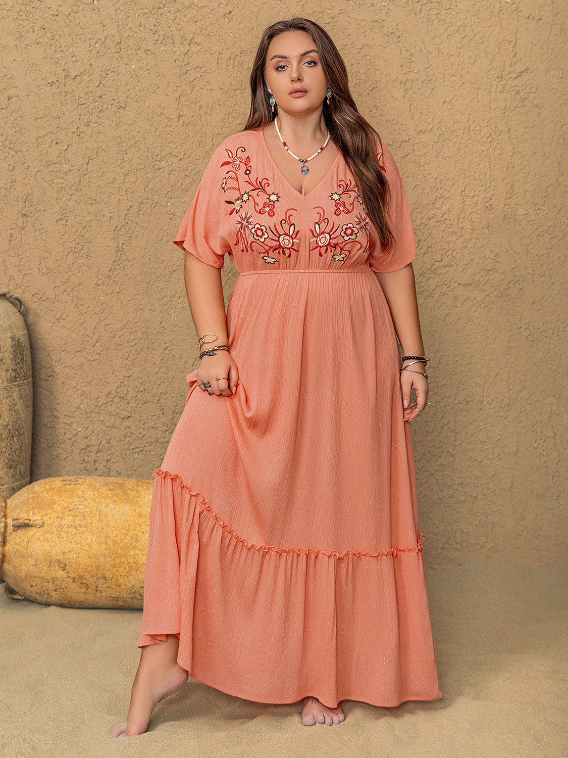 Plus Size Frill Embroidered V-Neck Half Sleeve Maxi Dress by Wild and Free Boutique