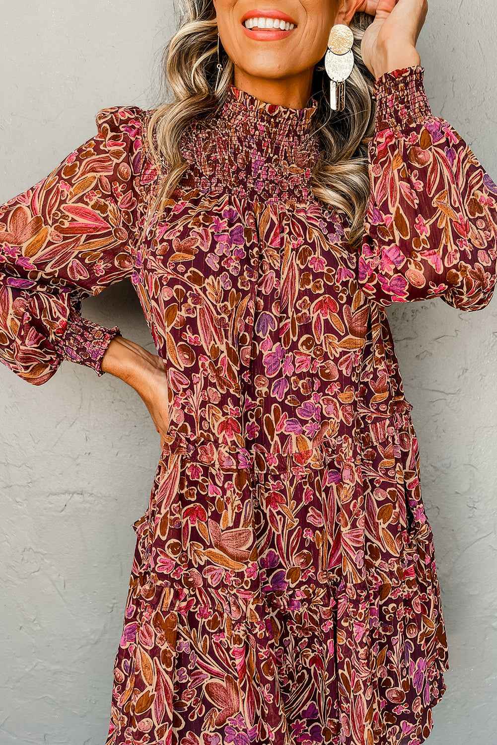 Red Floral Print Long Sleeve Shirred High Neck Loose Mini Dress by Wild and Free Boutique