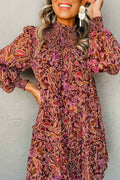 Red Floral Print Long Sleeve Shirred High Neck Loose Mini Dress by Wild and Free Boutique