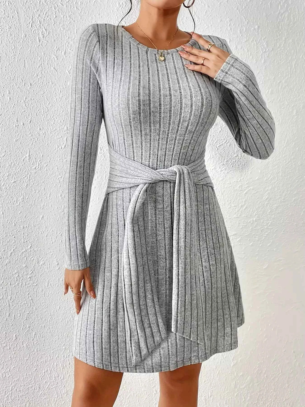 Ribbed Knit Tie Waist Long Sleeve Casual Dress by Wild and Free Boutique