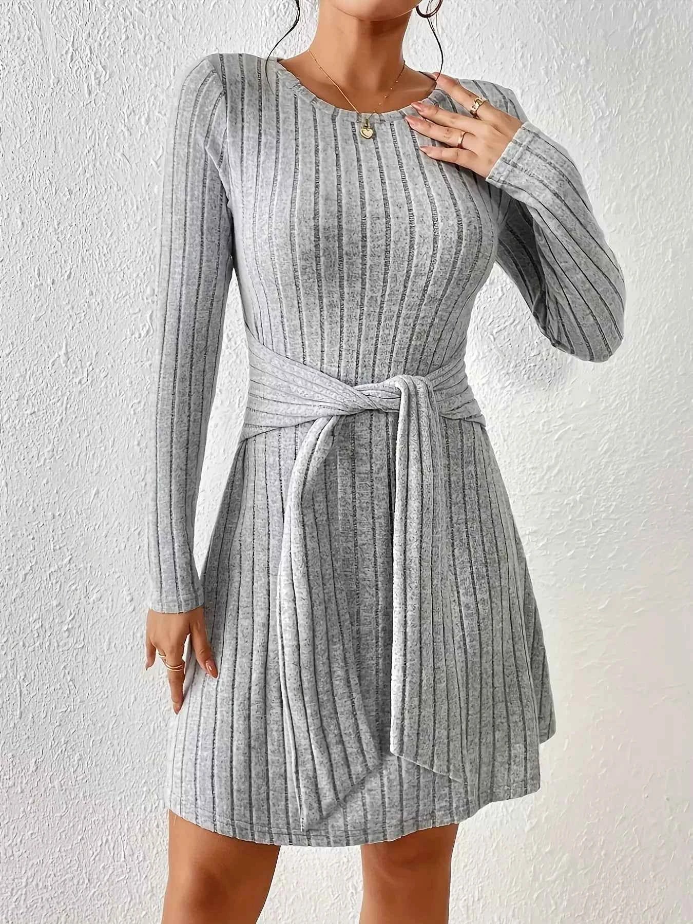 Ribbed Knit Tie Waist Long Sleeve Casual Dress by Wild and Free Boutique