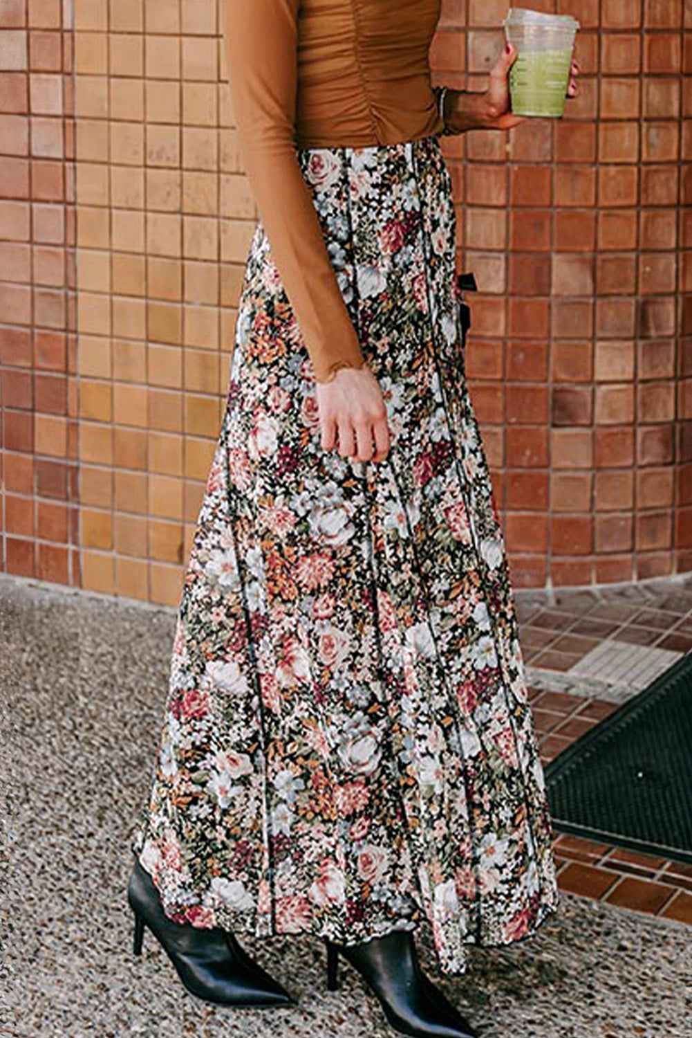Brown Floral Print High Waist Maxi Skirt by Dear-Lover Dropshipping