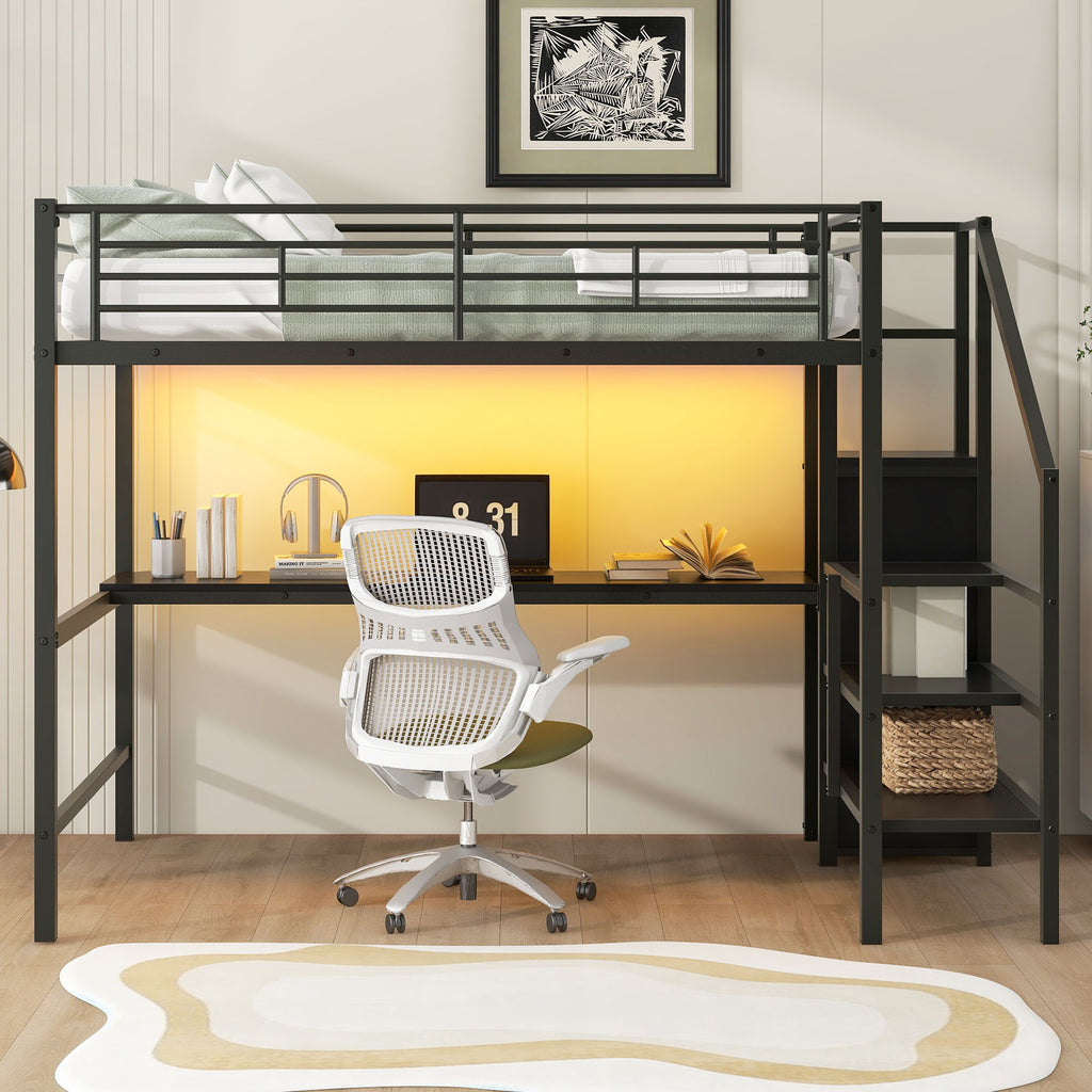 Full Size Loft Bed With Desk, Storage Staircase, Small Wardrobe And LED Light - Black by Unique Piece Furniture