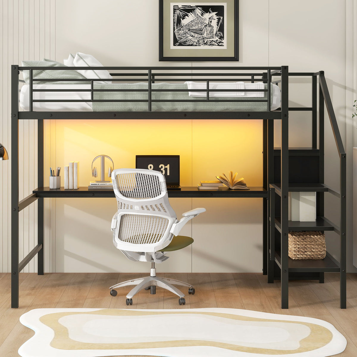 Full Size Loft Bed With Desk, Storage Staircase, Small Wardrobe And LED Light - Black by Unique Piece Furniture