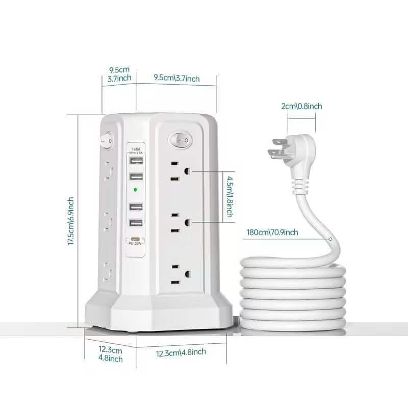 Surge Protector Tower 1800J with 4 USB A Ports, USB C (PD18W) Port, 12 AC Outlets and 10FT Cord by DailySale
