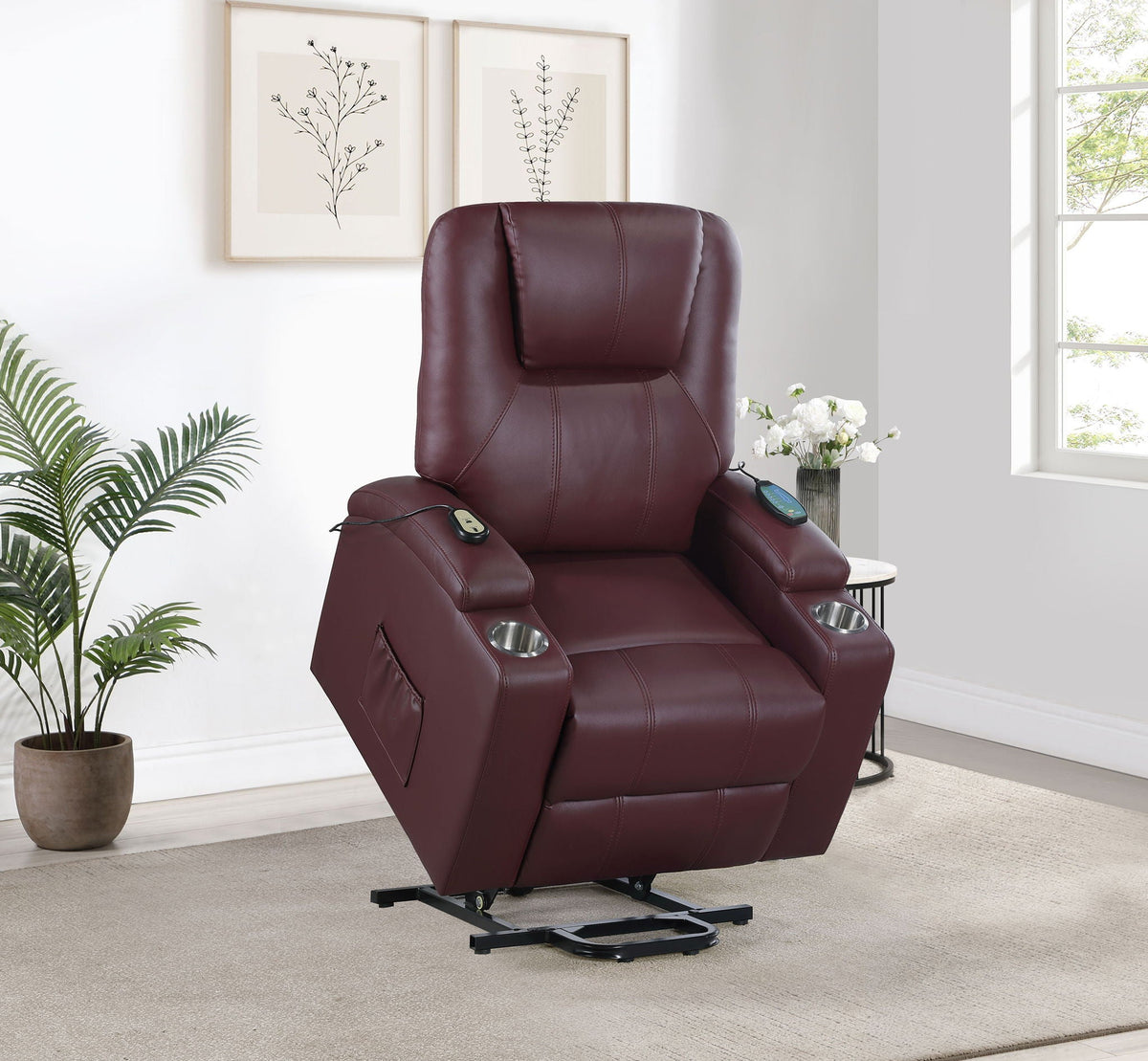 Armstrong Upholstered Power Lift Massage Recliner Wine by Unique Piece Furniture