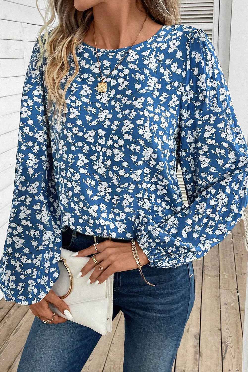 Blue Ditsy Floral Print Lantern Sleeve Blouse by Wild and Free Boutique