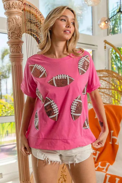 BiBi Game Day Sequins Patched Half Sleeves Top by Wild and Free Boutique