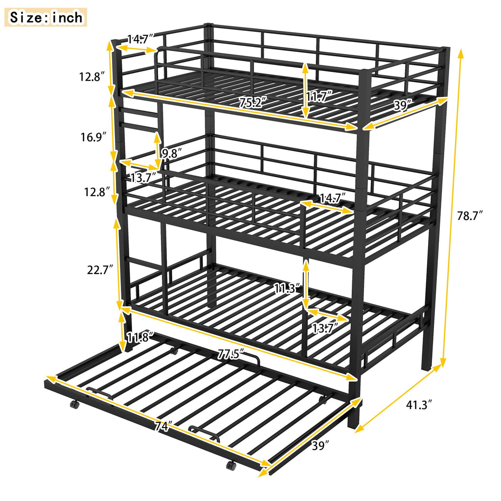 Triple Bunk Bed With Trundle, Heavy Duty Steel Construction by Unique Piece Furniture