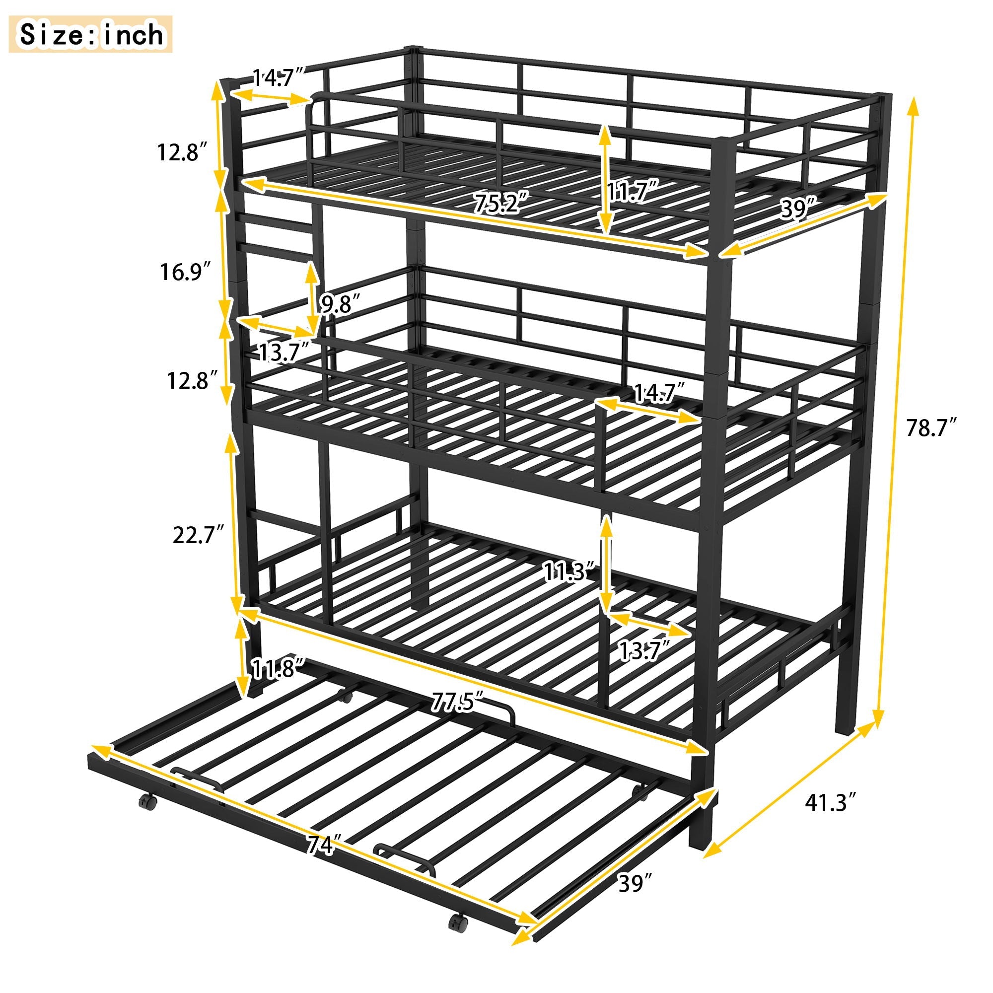 Triple Bunk Bed With Trundle, Heavy Duty Steel Construction by Unique Piece Furniture