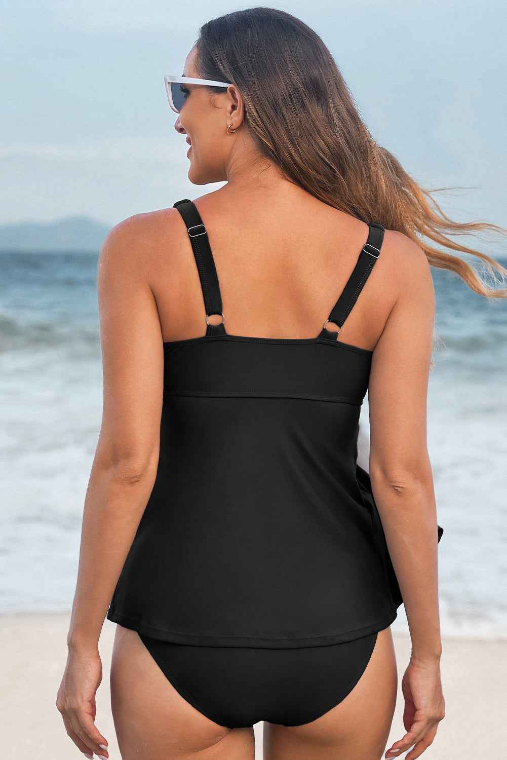 Black Crossed V Neck Adjustable Strap Babydoll Tankini Top by Wild and Free Boutique