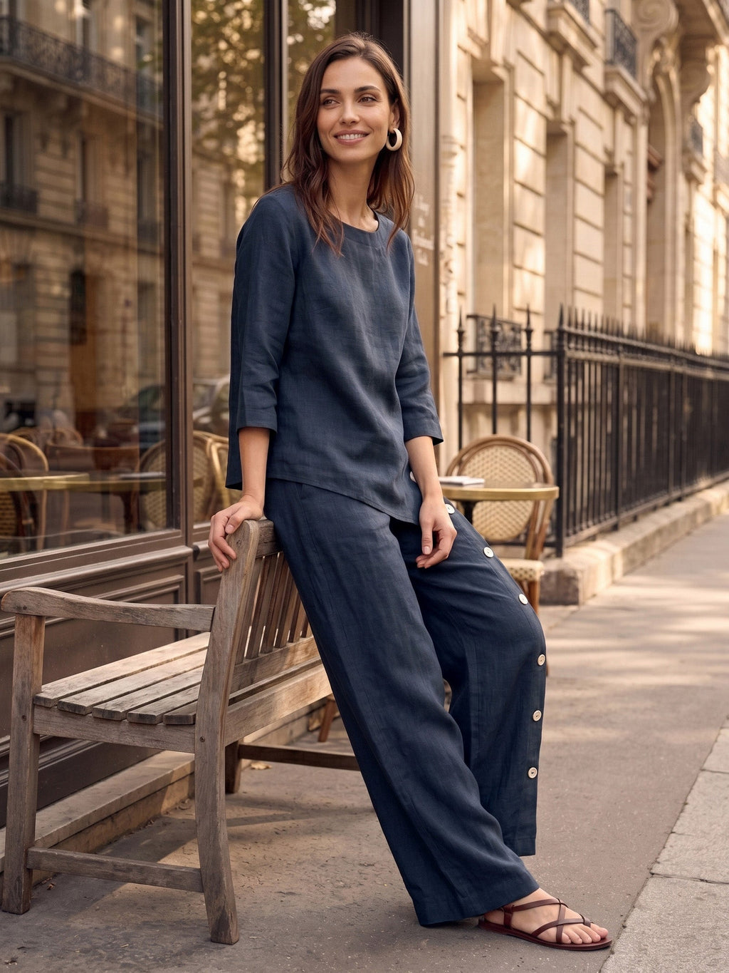 100% Linen Asymmetric-Hem Button-Trim Top NYLA by LINTICO