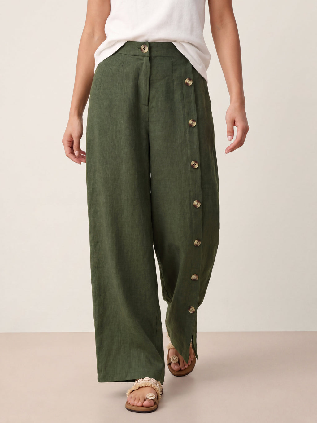 100% Linen Buttoned Slit-Hem Pants KATYA by LINTICO
