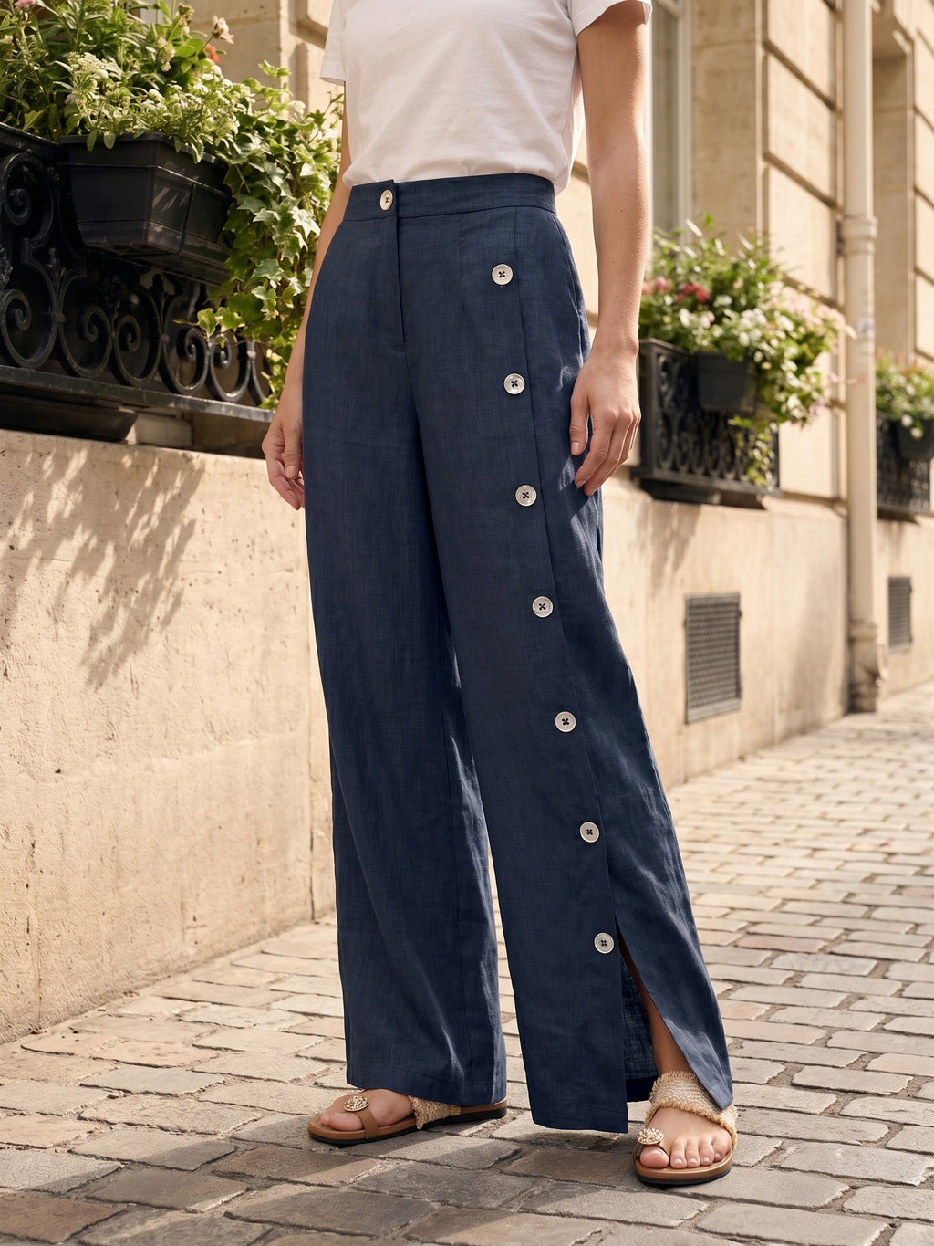 100% Linen Buttoned Slit-Hem Pants KATYA by LINTICO