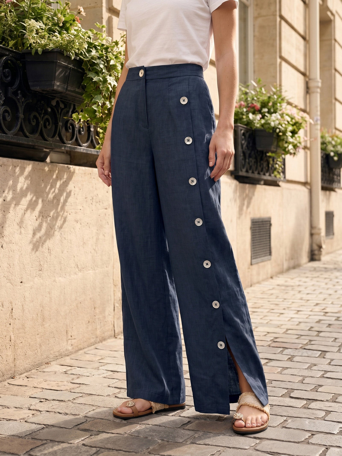 100% Linen Buttoned Slit-Hem Pants KATYA by LINTICO