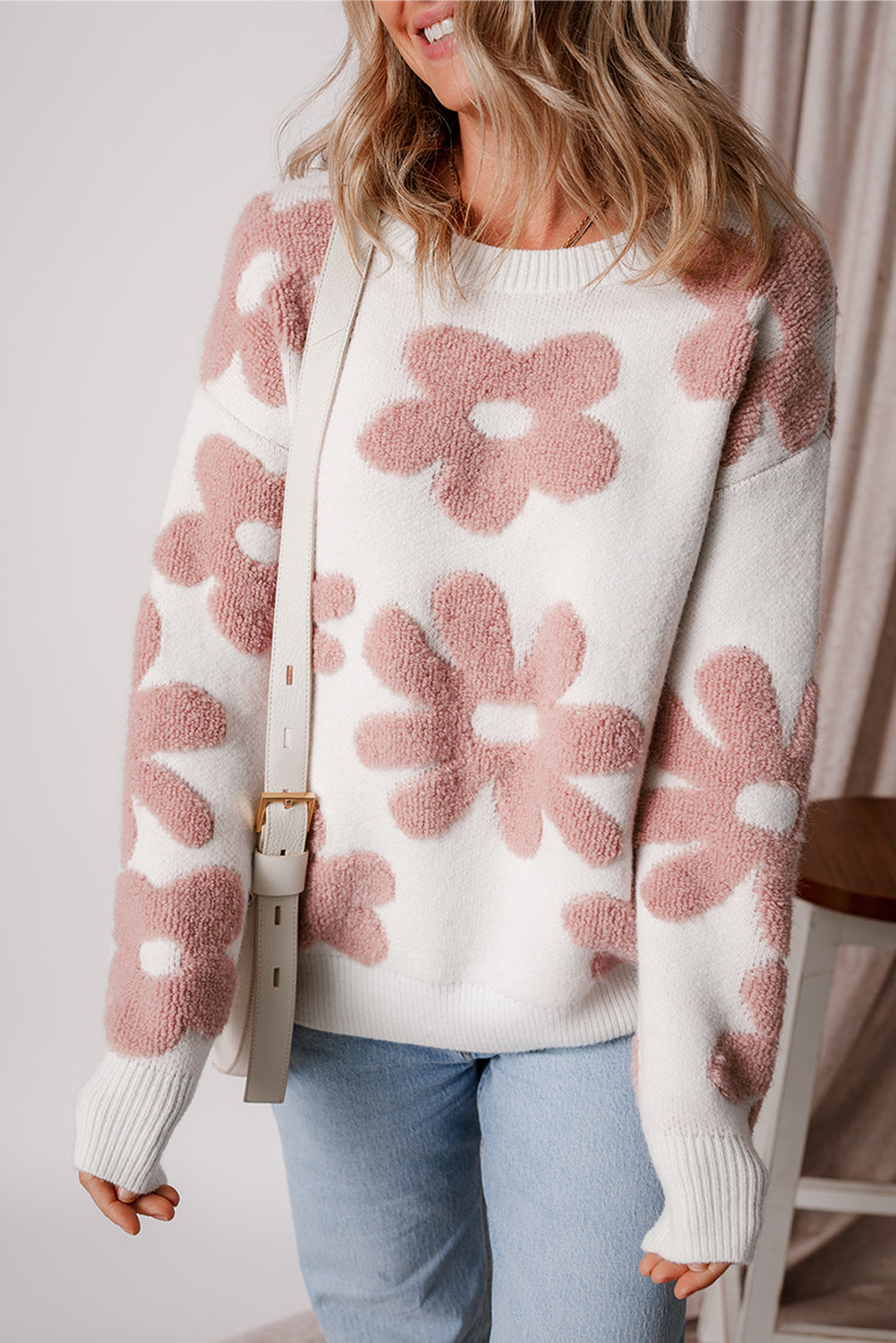 White Textured Flower Drop Shoulder Loose Sweater by Wild and Free Boutique