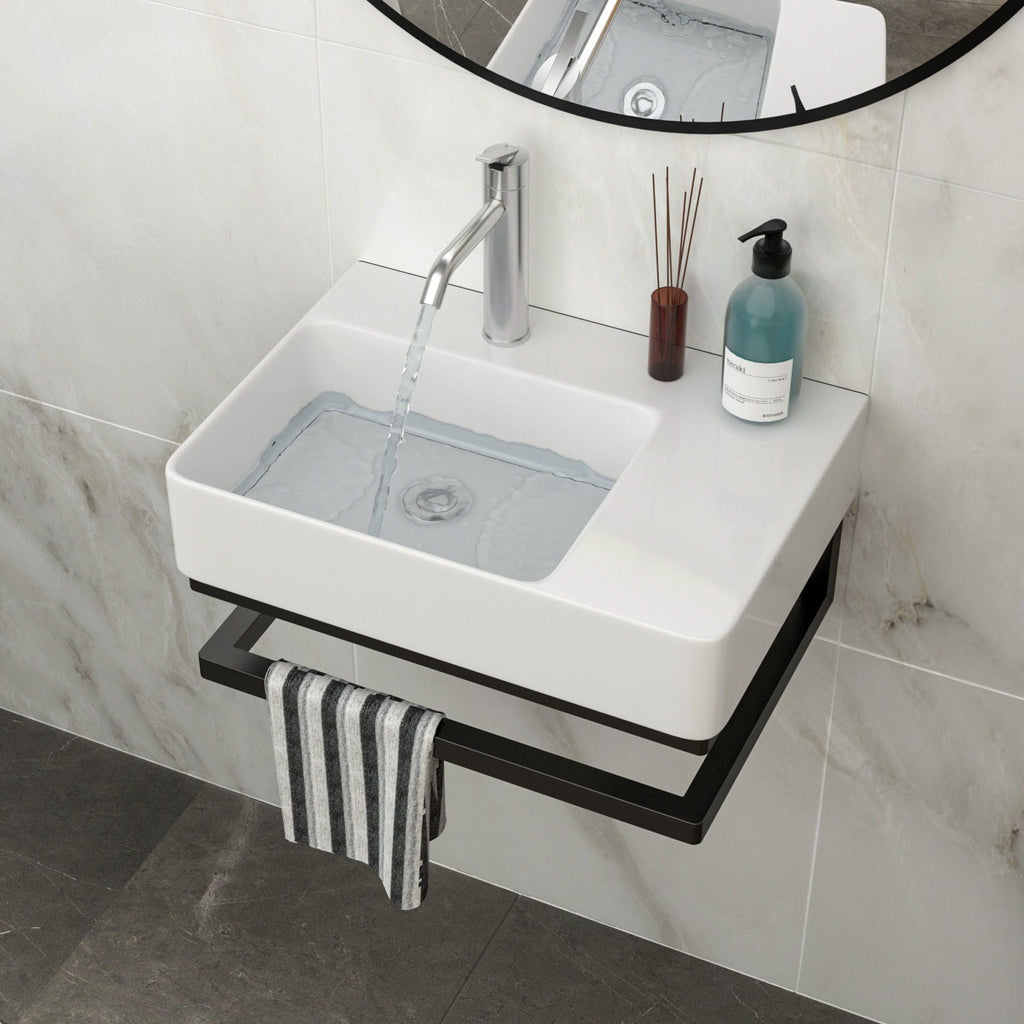 Wall Mounted Rectangular Bathroom Sink With Towel Bar And Faucet Hole - White by Unique Piece Furniture