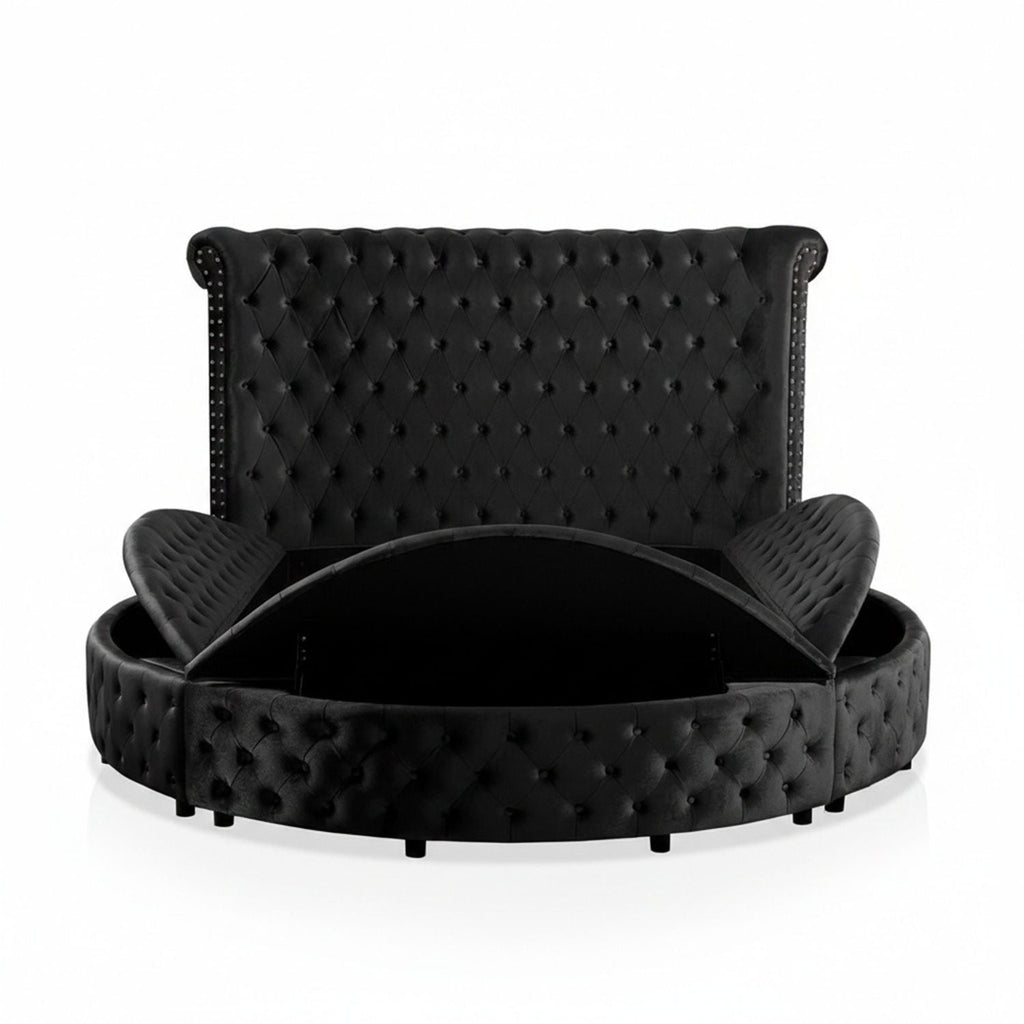 Glam Button Tufted Wingback Round Bed With Storage And USB Ports by Unique Piece Furniture