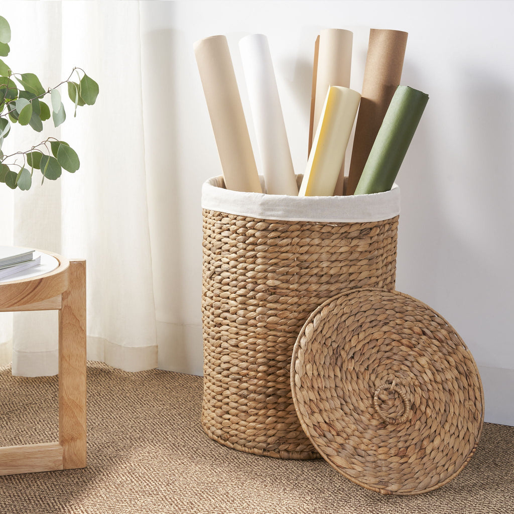 Round Tall Water Hyacinth Woven Wicker Laundry Hamper With Lid - For Clothes, Toys And Book Storage With Removable Liner - 15" X 15" X 20" - Natural Brown by Unique Piece Furniture