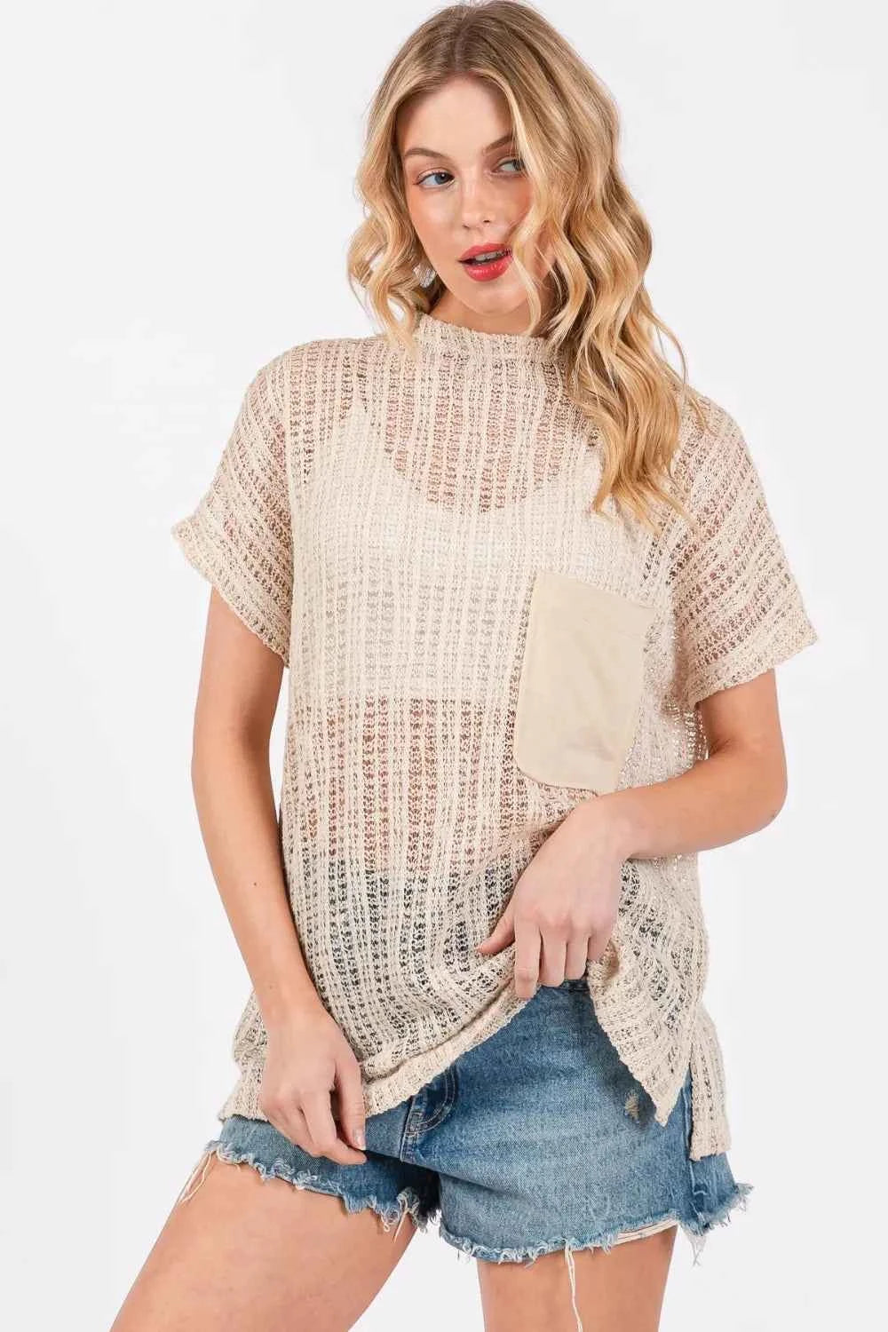 Ces Femme See Through Crochet Mock Neck Cover Up by Wild and Free Boutique