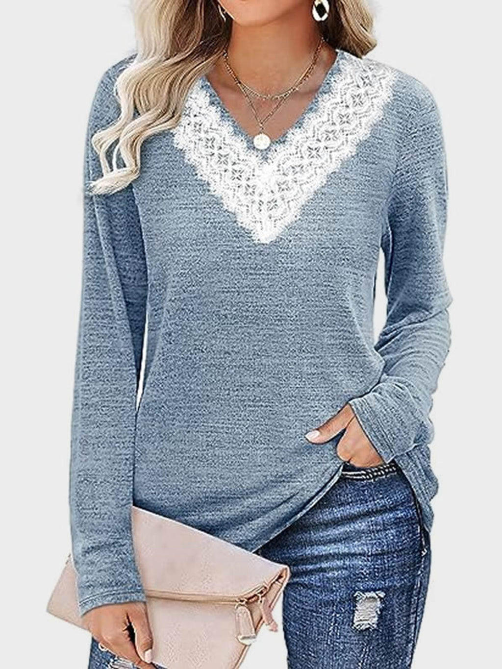 Lace Detail V-Neck Long Sleeve T-Shirt by Wild and Free Boutique