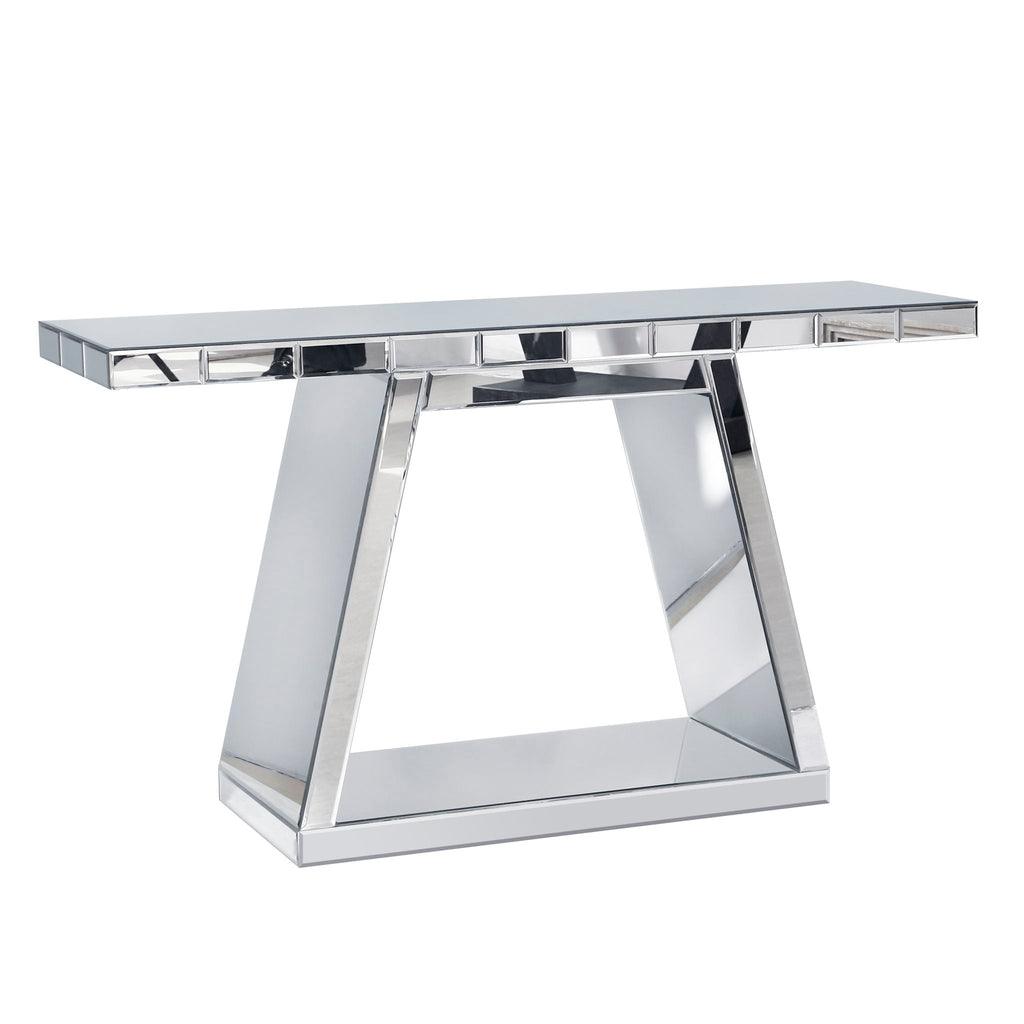 Modern Luxe Full Body Mirror Entryway Table With Trapezoid Base, 360° Reflective Console, Scratch Resistant, Open Storage - Silver by Unique Piece Furniture