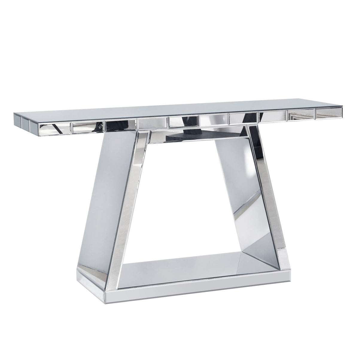 Modern Luxe Full Body Mirror Entryway Table With Trapezoid Base, 360° Reflective Console, Scratch Resistant, Open Storage - Silver by Unique Piece Furniture