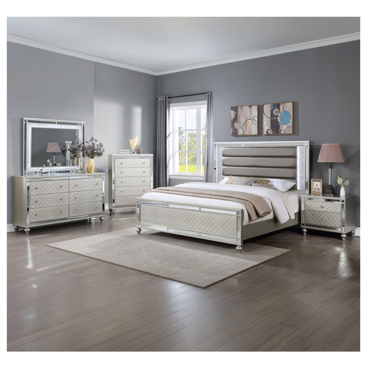 5 Drawer Bedroom Chest With Diamond Patterned Fronts - Silver by Unique Piece Furniture