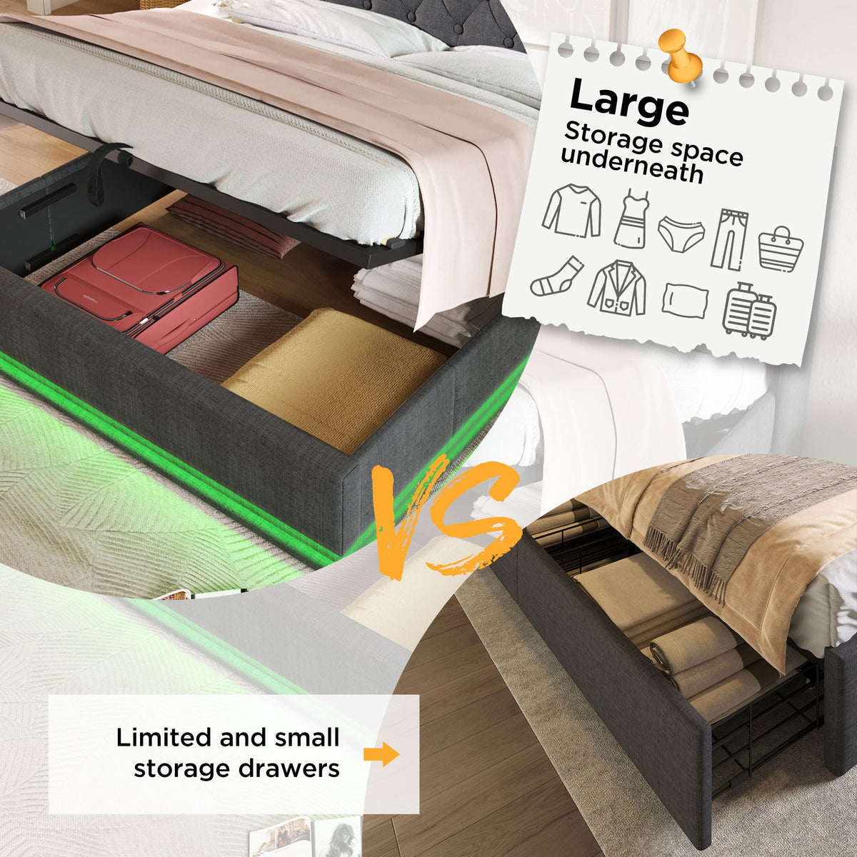 Upholstered Bed, 360 Surround LED Function, Remote Control, Hydraulic Storage Bed With USB, Type-C Charging (Without Mattress) by Unique Piece Furniture