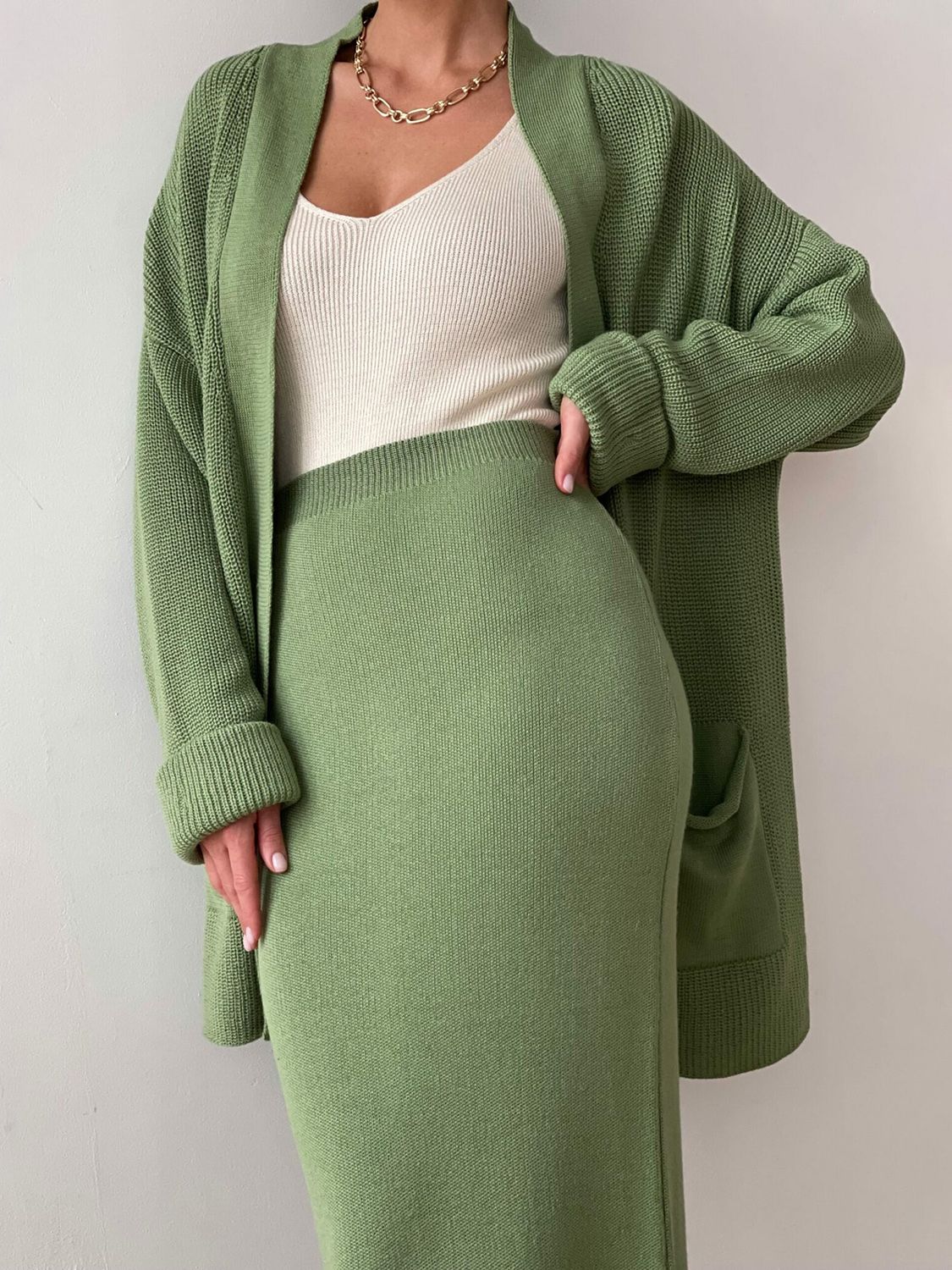 Pocketed Long Sleeve Cardigan and Skirt Sweater Set by Wild and Free Boutique