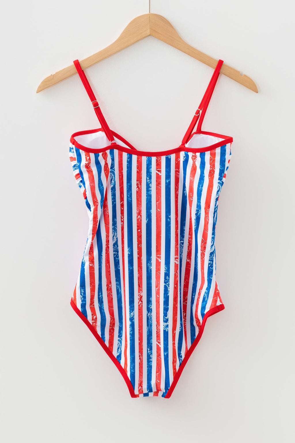 Red July 4th Stripes Star Floral Impression Cutout Spaghetti Straps One Piece Swimsuit by Wild and Free Boutique