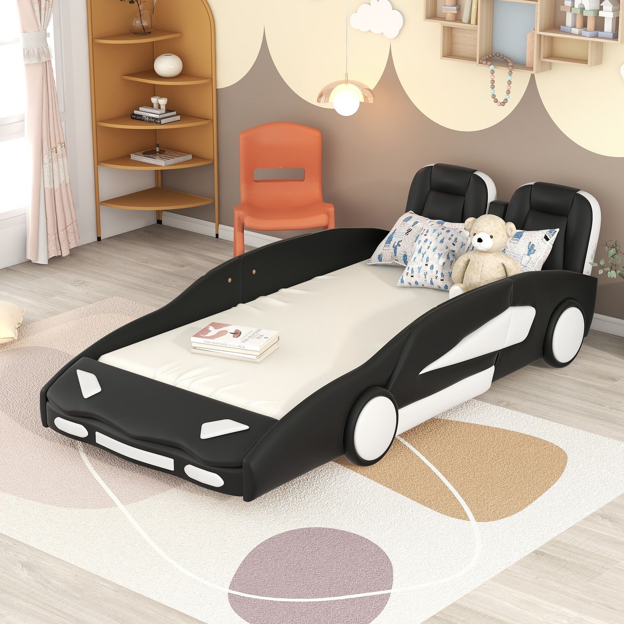 Race Car Shaped Twin Platform Bed With Wheels, Pine Wood Construction by Unique Piece Furniture