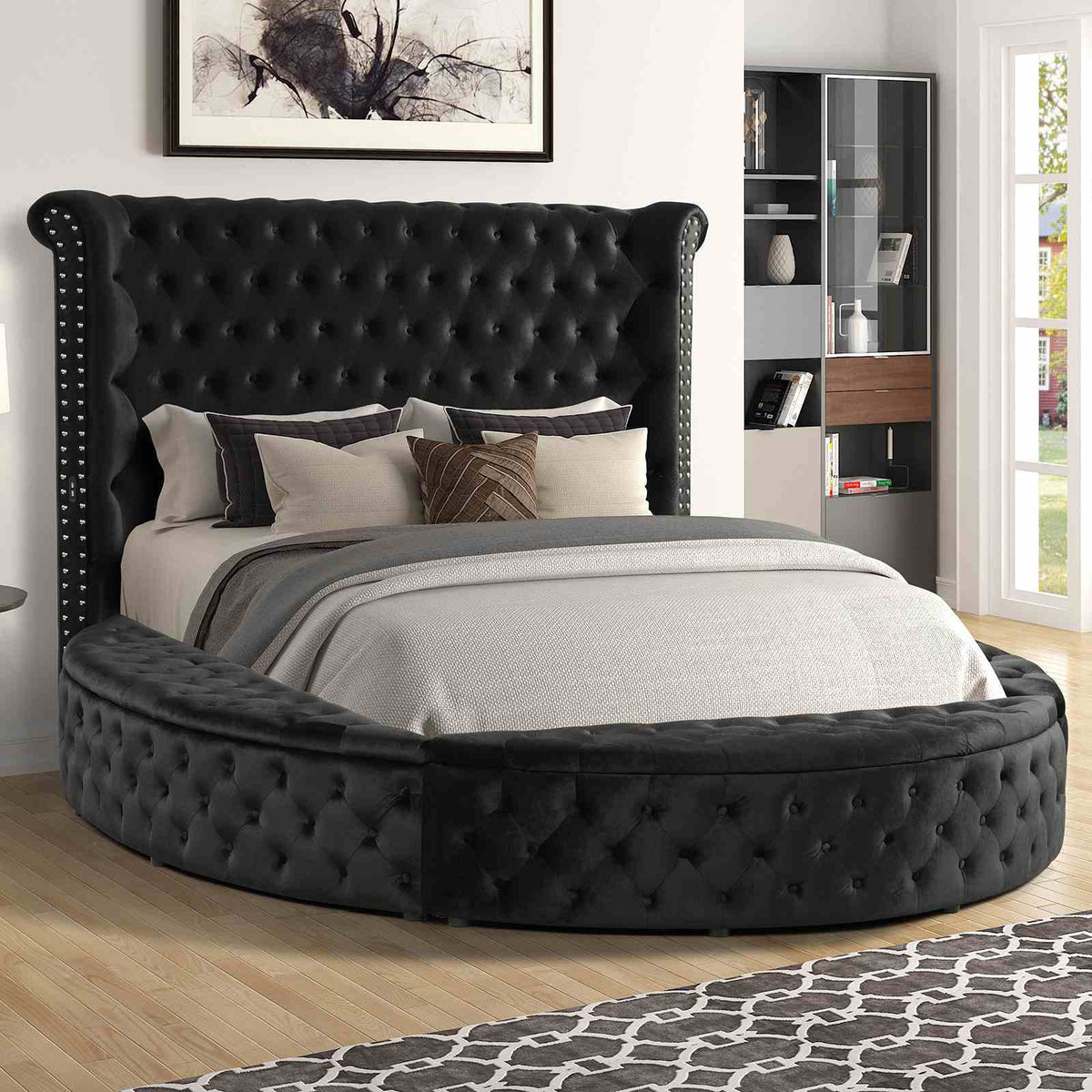 Glam Button Tufted Wingback Round Bed With Storage And USB Ports by Unique Piece Furniture