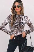 Brown Leopard Smocked Neck Mesh Long Sleeve Bodysuit by Dear-Lover Dropshipping
