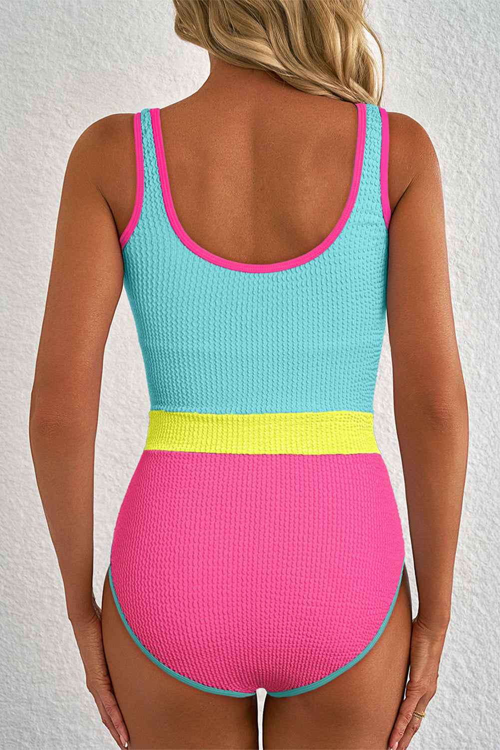 Iceland Blue Textured Color Block Patchwork One Piece Swimsuit by Wild and Free Boutique