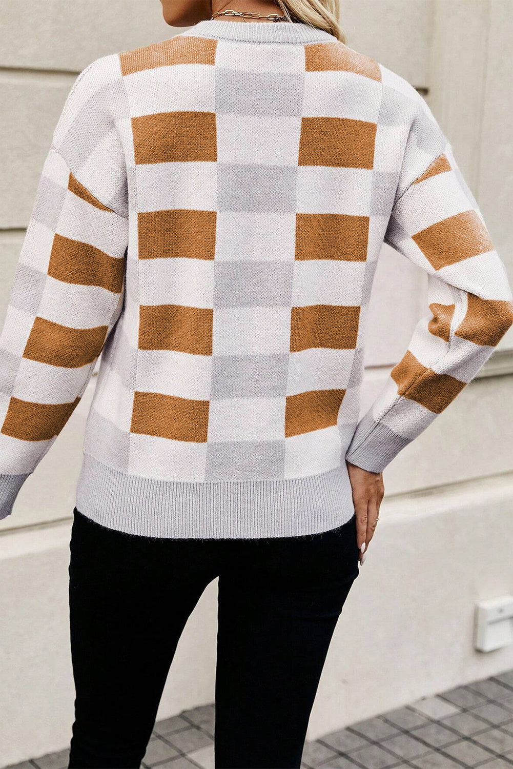 Khaki Checkered Ribbed Edge O Neck Drop Shoulder Sweater by Wild and Free Boutique