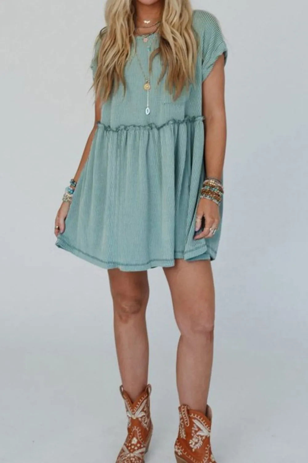 Frill Round Neck Cap Sleeve Mini Dress by Simply Love