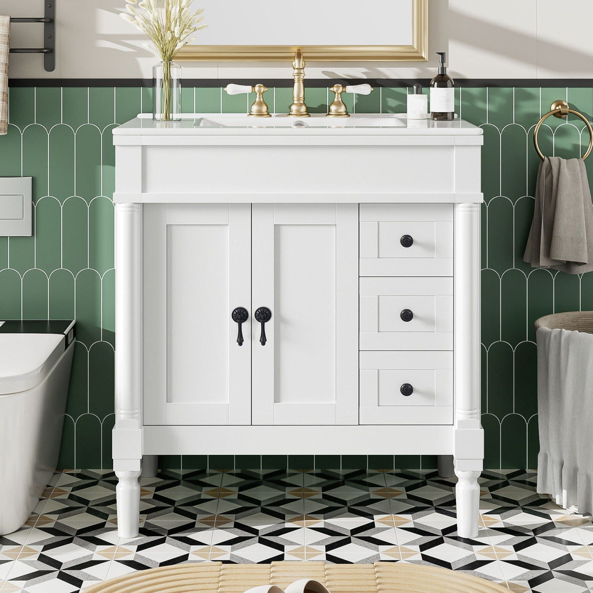 Bathroom Vanity With Ceramic Sink, 2 Doors 3 Drawers, Soft Close Design by Unique Piece Furniture