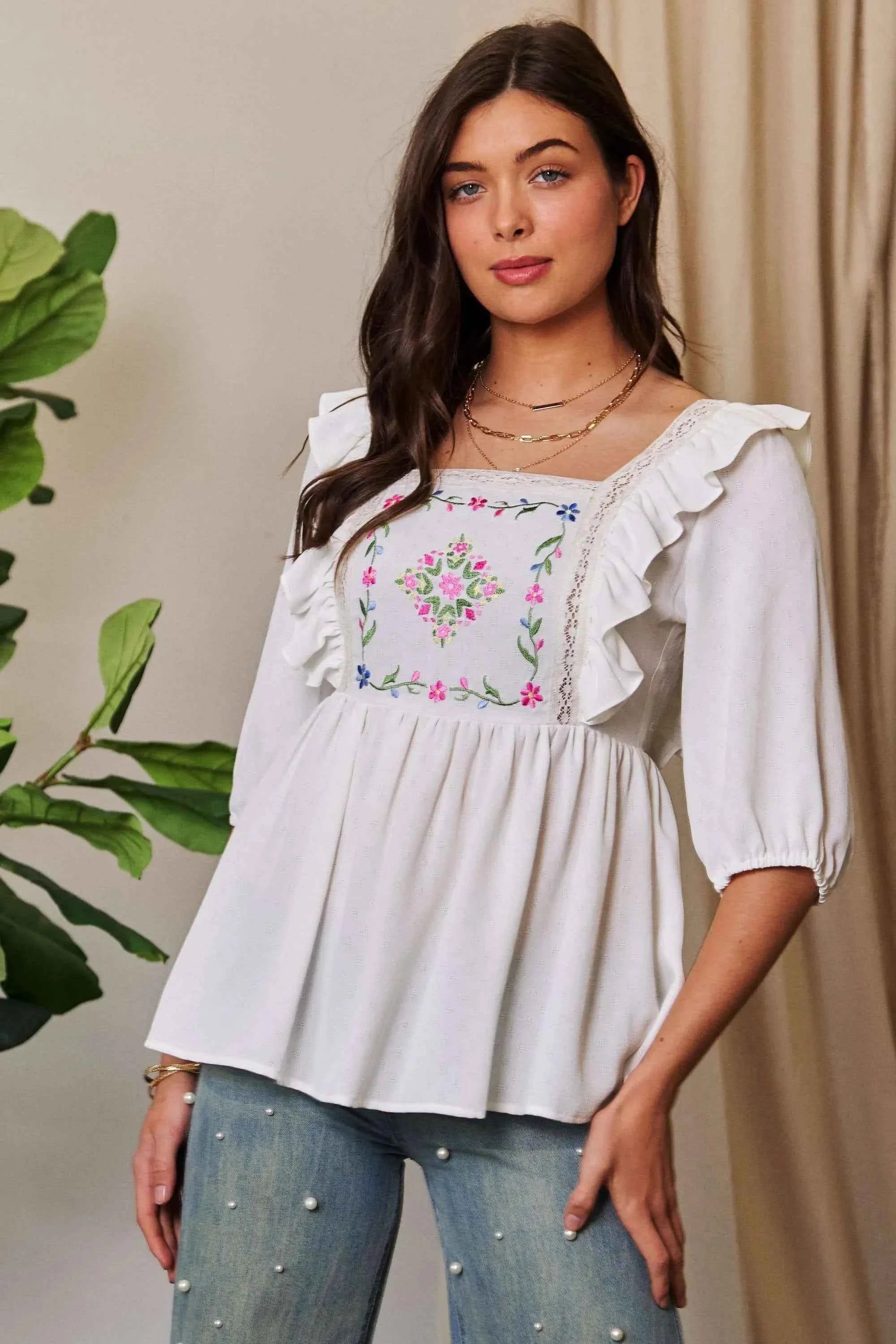Davi & Dani Texture Tie Back Floral Embroidery Frill Blouse by Wild and Free Boutique