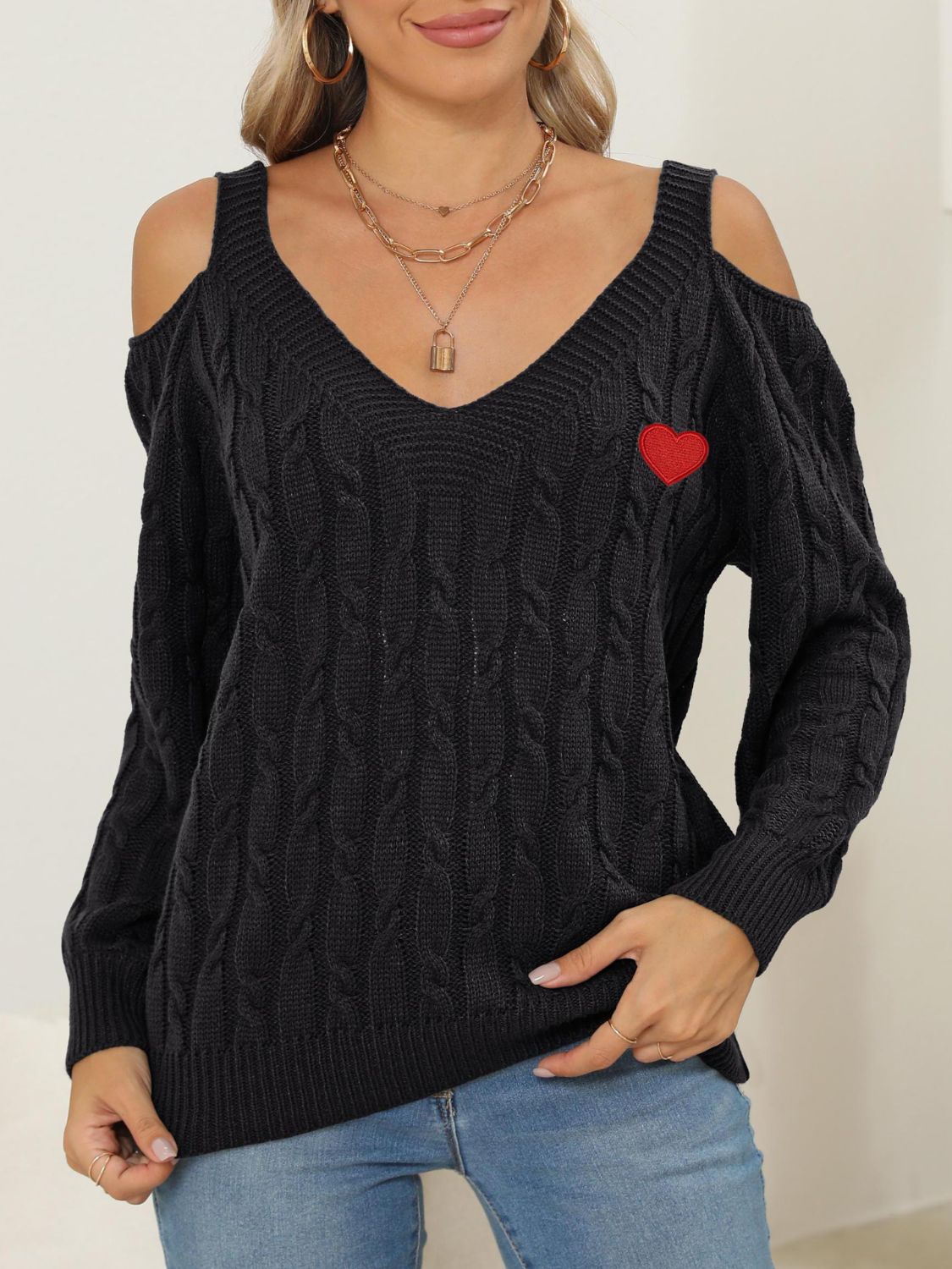 Cable-Knit Heart V-Neck Sweater by Wild and Free Boutique