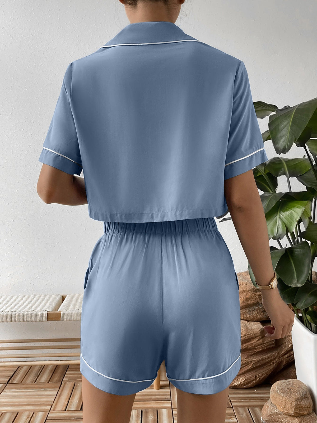 Ivy Lane Contrast Lapel Collar Cropped Shirt and Shorts Lounge Set by Wild and Free Boutique