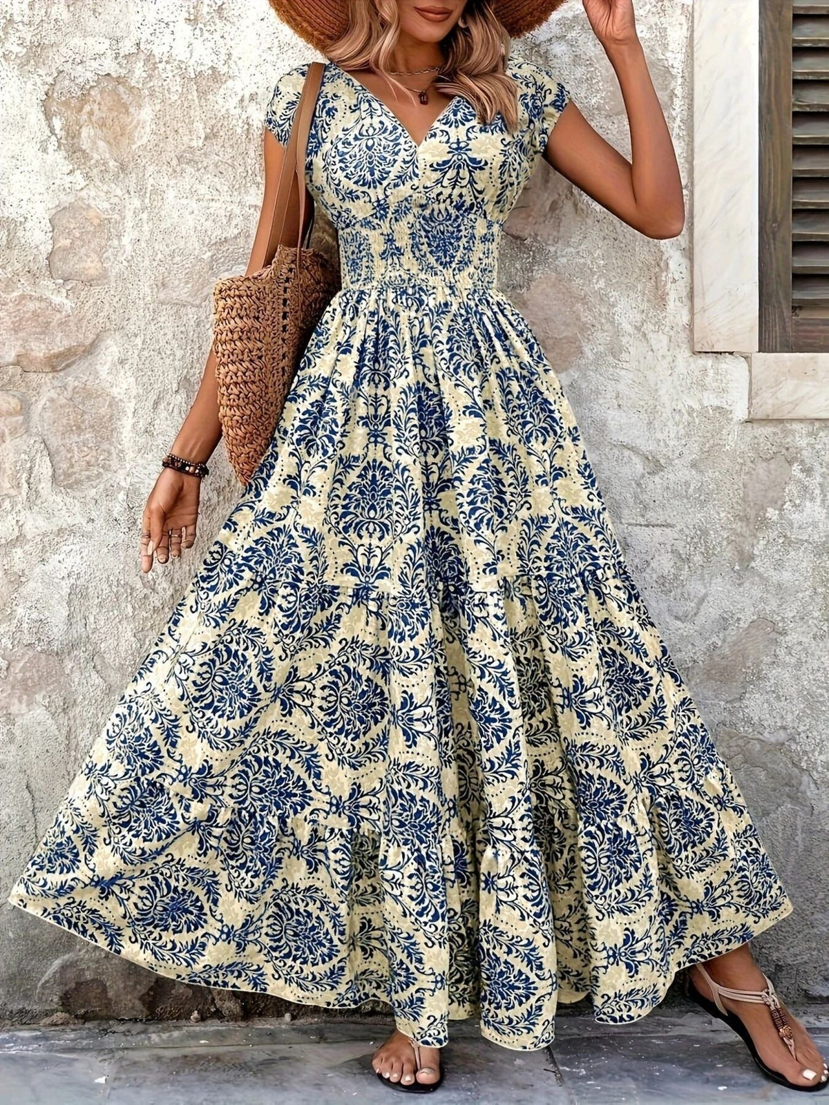 Printed Cap Sleeve Maxi Dress by Shopiebay