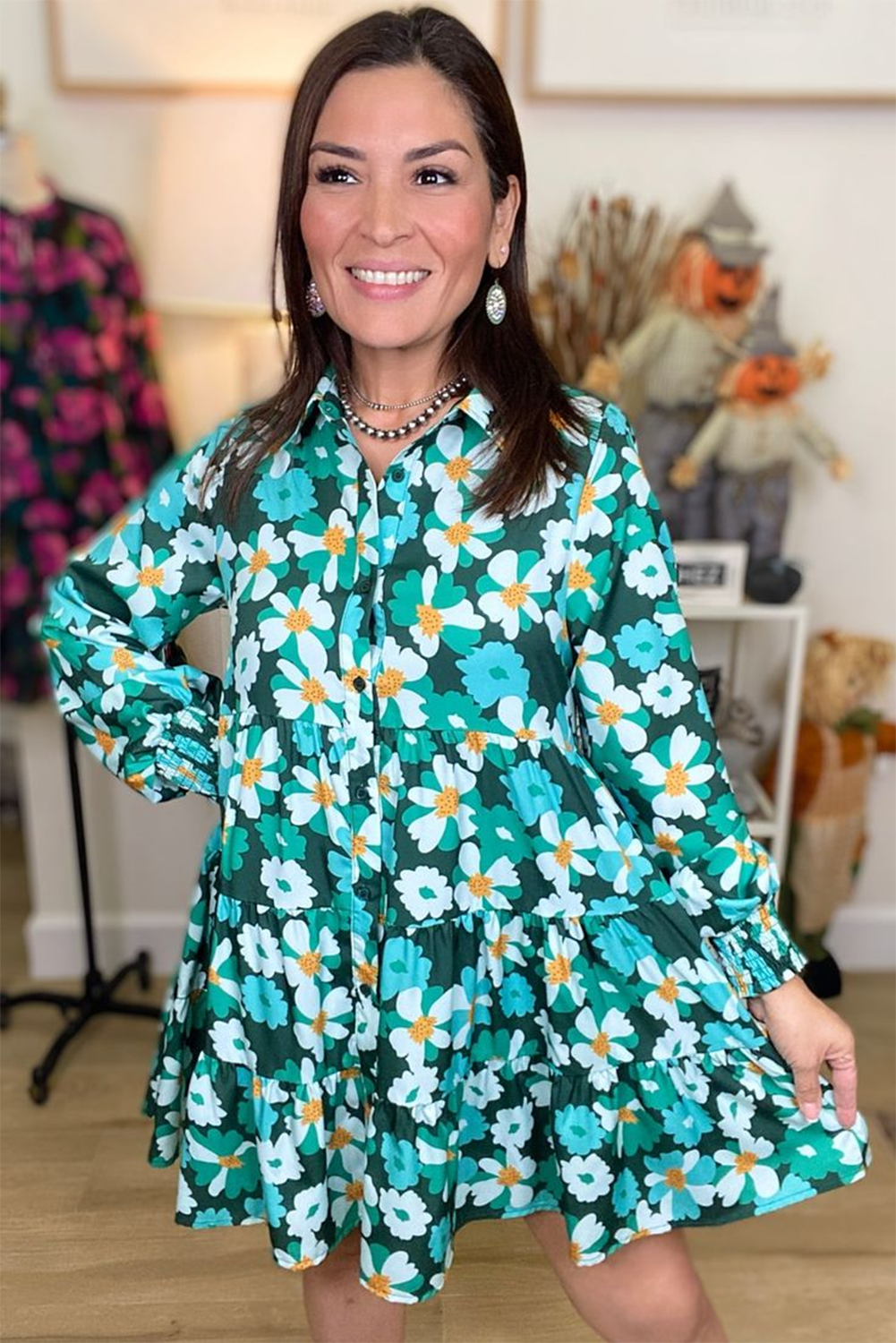 Green Floral Tiered Long Puff Sleeve Shirt Dress by Wild and Free Boutique